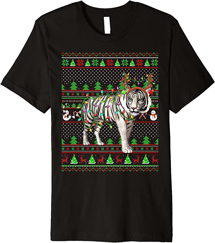 Ugly Xmas Sweater Style Lighting White Tiger Christmas Premium T-Shirt