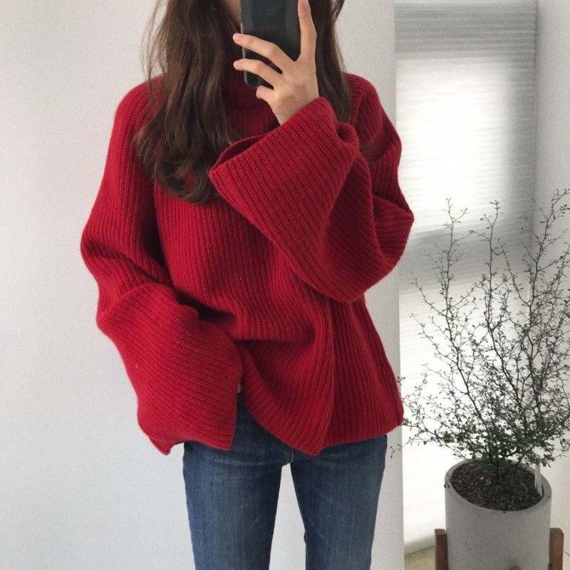 Turtleneck Sweater Thickening Solid Knitted Winter Women Flare Sleeve Harajuku Fashion Leisure Outwear Red Loose Simple Chic Ins alx