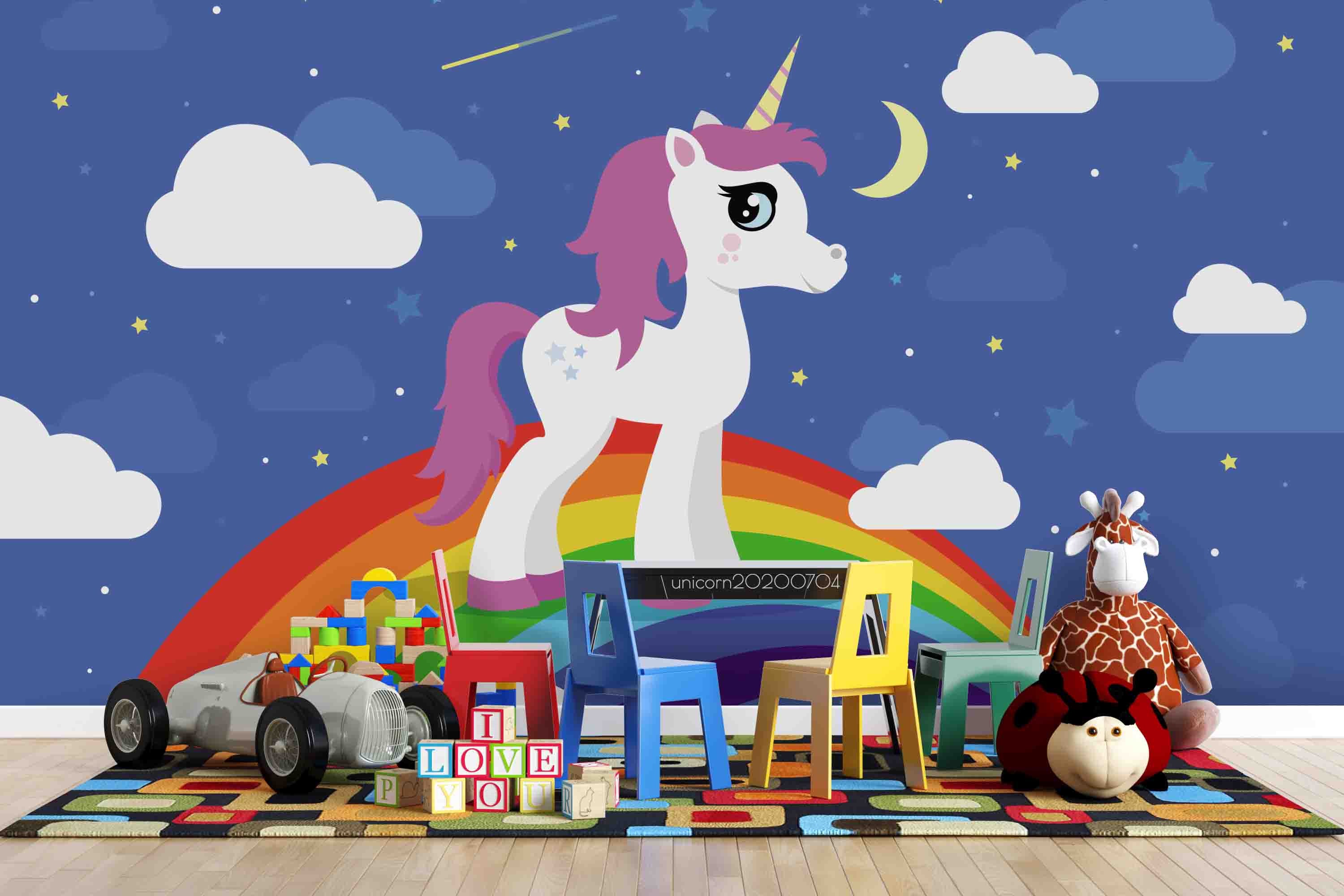 3D Cartoon Night Unicorn On The Rainbow Wall Mural Wallpaper Lxl 209