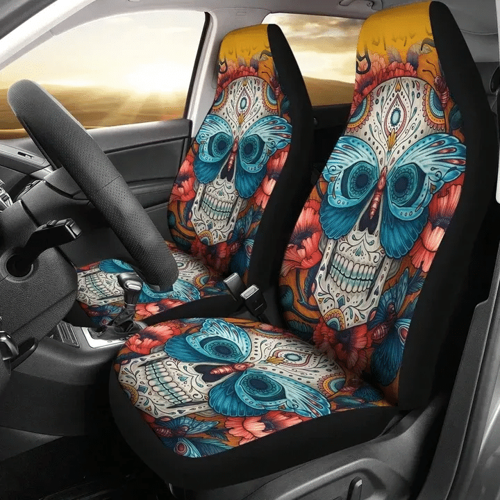 Sugar Skull And Blue Butterfly Printed Car Seat Covers