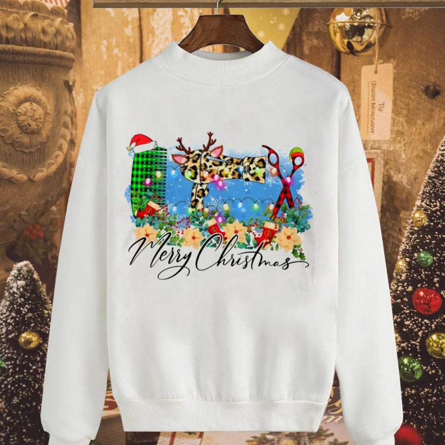 Hairstylist merry christmas comb santa hat leopard hairdryer plaid drag happy christmas white sweatshirt for men and women S-5XL