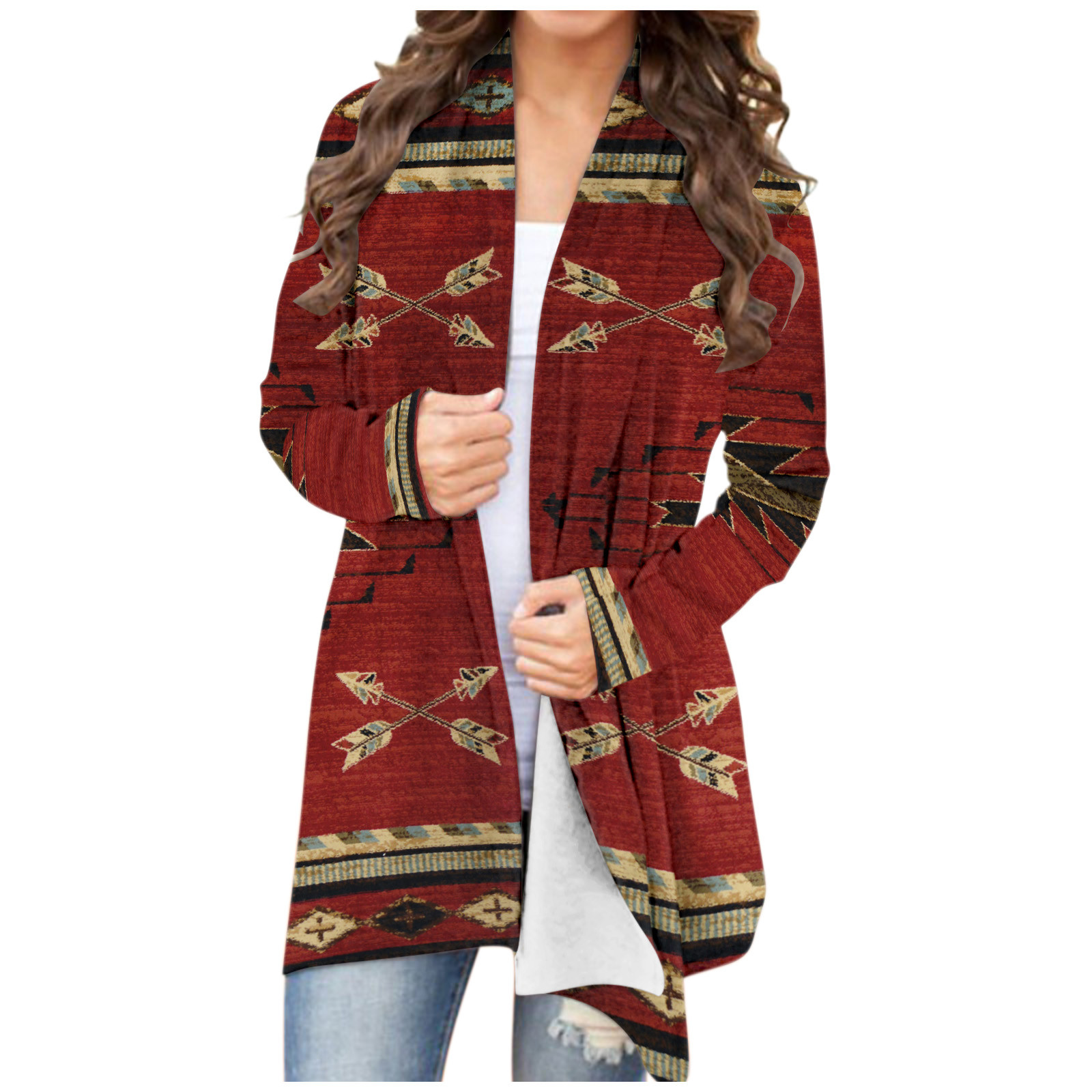 Women‘s Cardigan Fashionable Geometric Aztec Print Western Ethnic Jacket Long Sleeve Coat Female Autumn Winter Plus Size Clothes alx