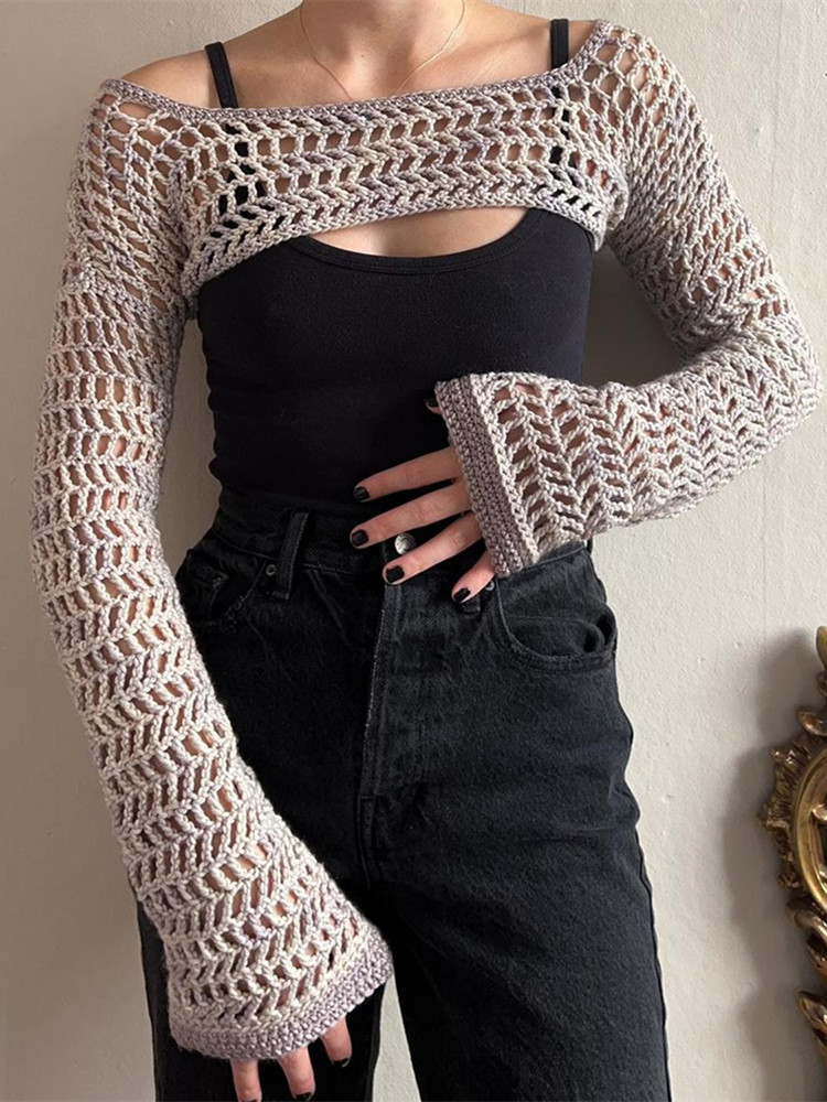 Y2K Hollow Out Knitted Crop Tops Women Summer Fall See Through Sexy Smock Long Sleeve Pullover Sweaters Female Knitwear alx