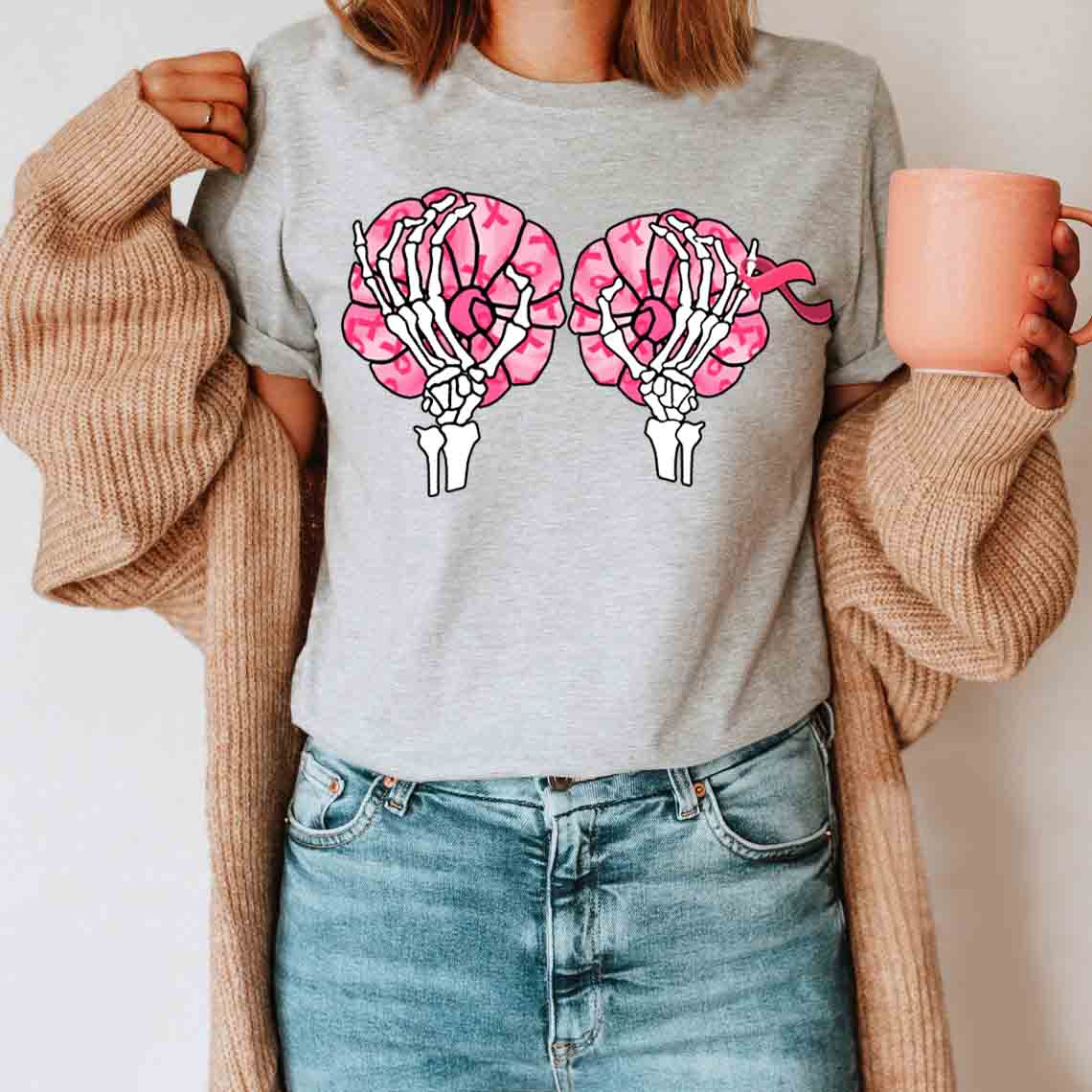 Hand Skeleton Shirt – Breast Cancer Awareness T-Shirt Gifts For Mom Daughter Friends Hoodies Sweater Pink