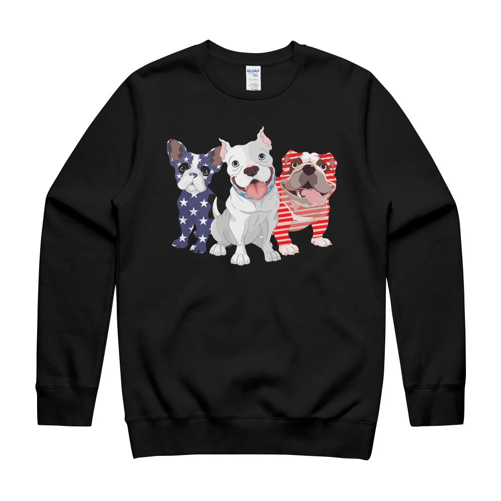 Three Pitbull Red White Blue Stars American Flag Crewneck Sweatshirt