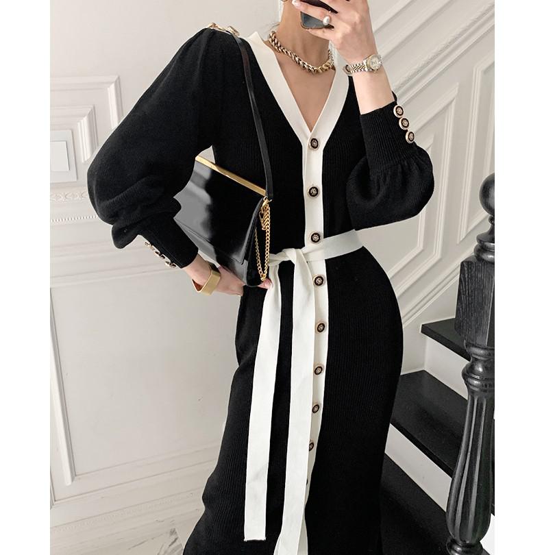 Vintage Elegant Knitted Long Dress Female Evening Party V-neck Autumn Winter Office Lady Trend New Sexy Sweater Dresses Women alx