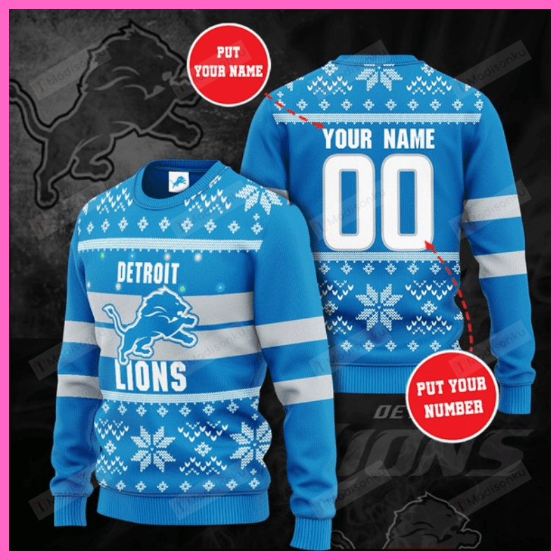 Personalized Custom Name And Number Detroit Lions Ugly Christmas Sweater, All Over Print Sweatshirt