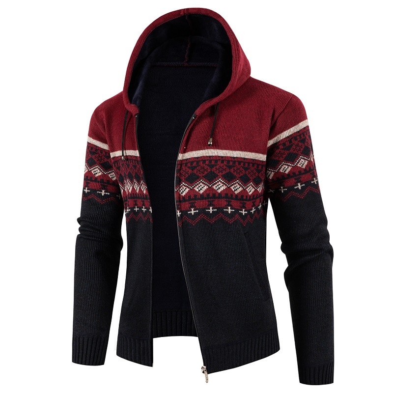 Winter Thickened Men ‘s Coat Zipper Cardigan Sweater Fashion Sweater Hooded Thick Coat Personalized Color Matching Casual alx