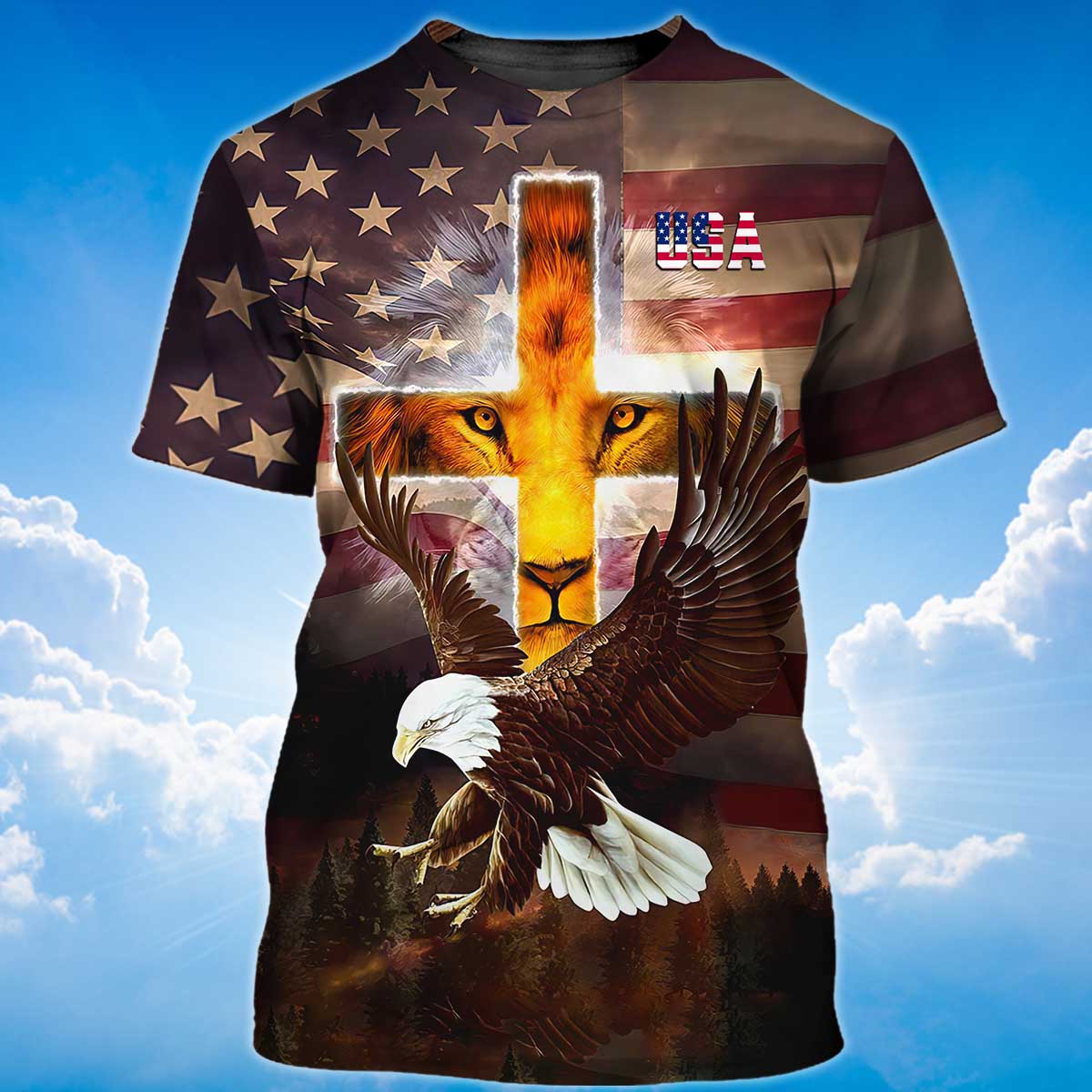 3D All Over Printed Lion Cross T Shirt Eagle And Usa Strong Shirt For Patriotic Day