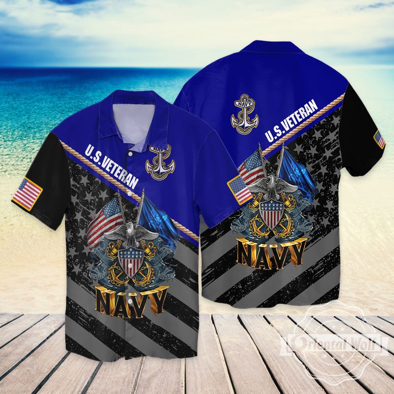 Us Navy Veteran Logo Blue 3D Full Print Hawaiian Shirt