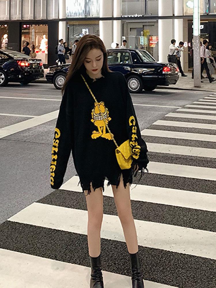 Autumn Winter Sexy Cat Frayed Sweater Women Tassel Fashion Korean Jumper Long Sleeve Winter Oversize Top Female Pullovers alx