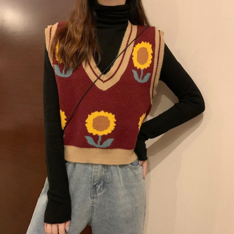 Sweater Vests Women Sunflower Retro Japanese-style Sweety Leisure Loose Girls Sweaters Outwear Lovely Teens Trendy Leisure Chic alx