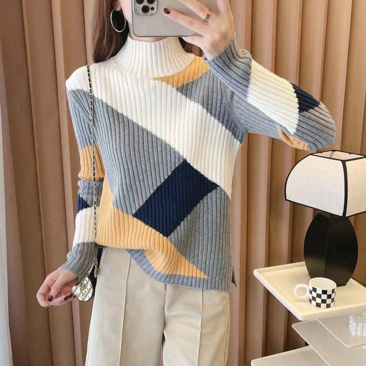 2022 Autumn Winter Basic Sweater Women Mock Neck Geometric Top Long Sleeve Pullover Casual Bottoming Shirts Warm Jumper Tops alx