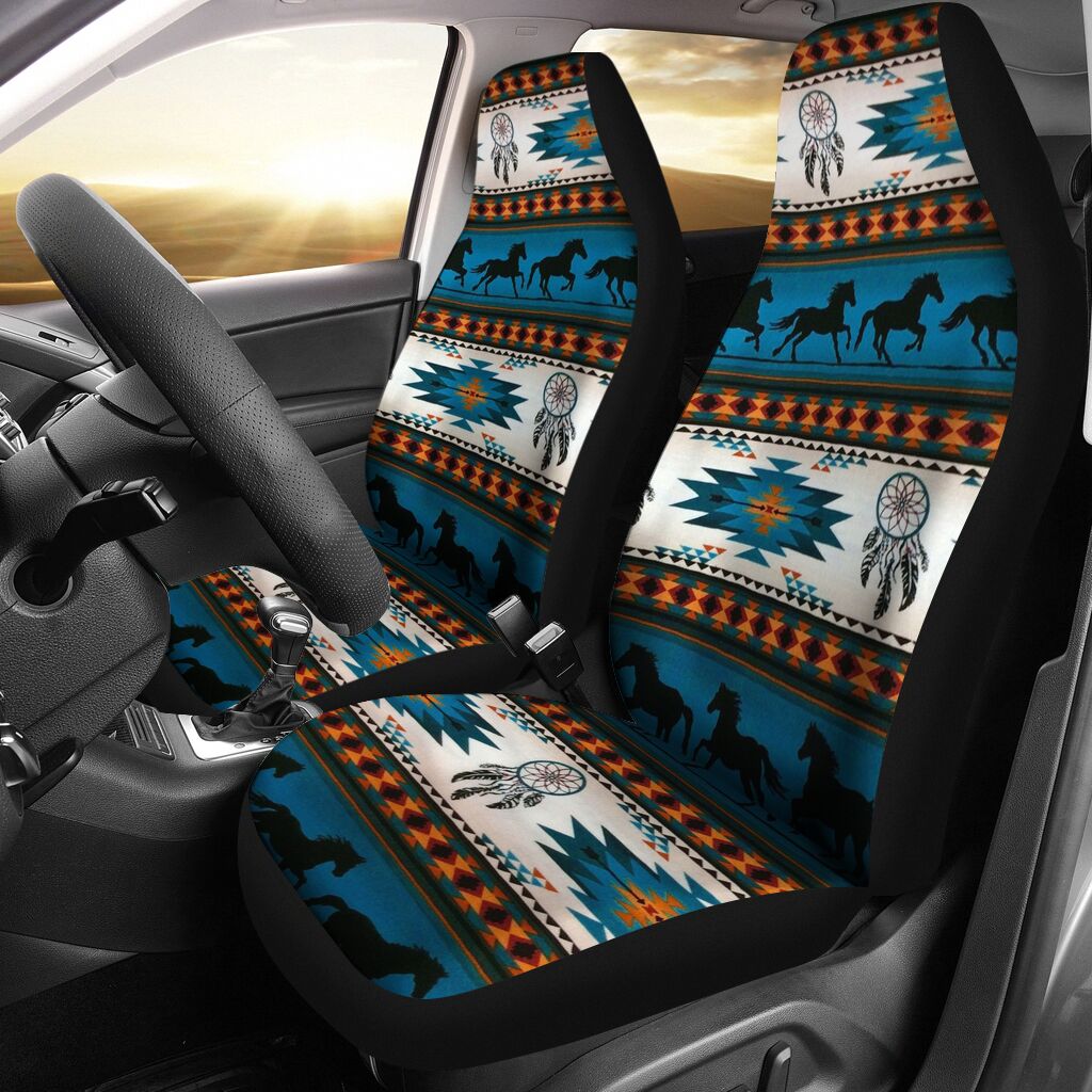 Horse Boho Vintage Car Seat Blue Equestrian And Dressage Car Seat Covers, Seat Covers Full Set, Carseat Covers, Automotive Seat Covers.