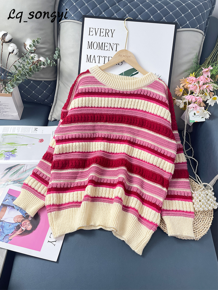 Women Sweater O-neck Striped Jumper 2022 New Autumn Winter Knitted Pullover Sweet Girls Baggy Oversized Sweaters Lq_songyi LQ14 alx