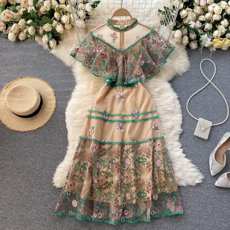 Summer Runway Flower Green Embroidery Dress Women Stand Cloak Sleeve Floral Embroidered Mesh Patchwork Party Wear Midi Vestidos alx