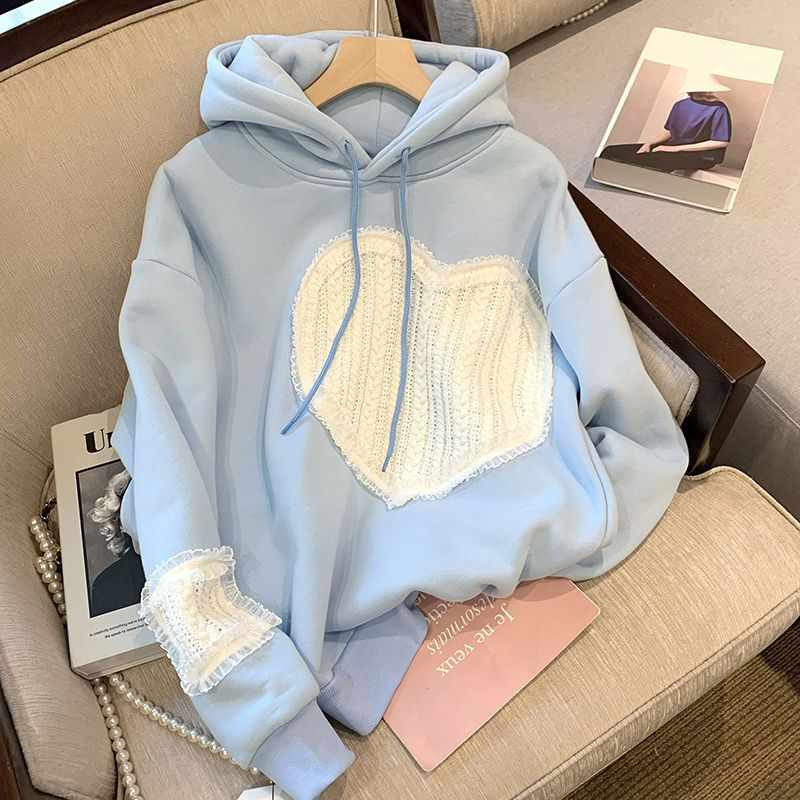 Circyy Women Hoodies Sweatshirts Light Blue Lace Patchwork Heart Hooded Pullovers Autumn Winter Clothes 2022 Casual Korean Loose alx