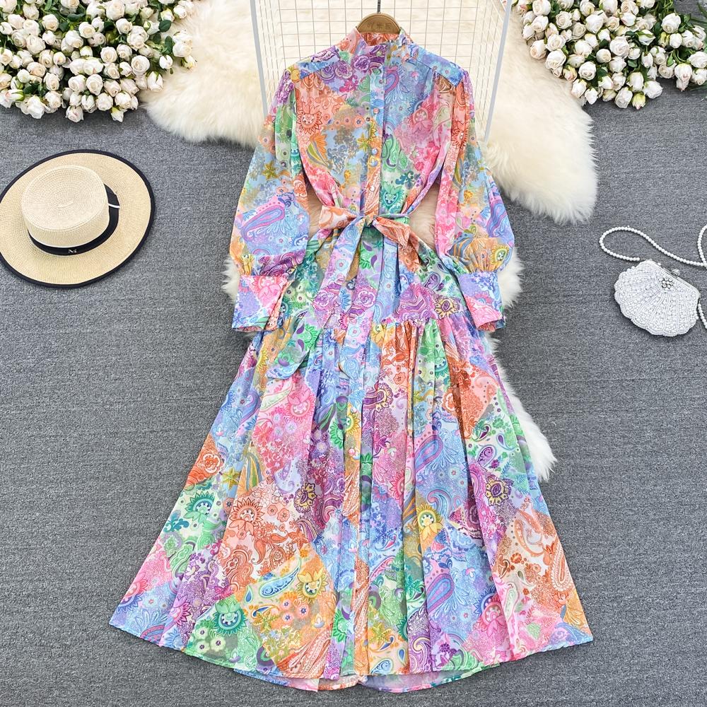 Spring and autumn retro palace style stand-up collar long-sleeved single-breasted printing a-line dress elegant long dress alx