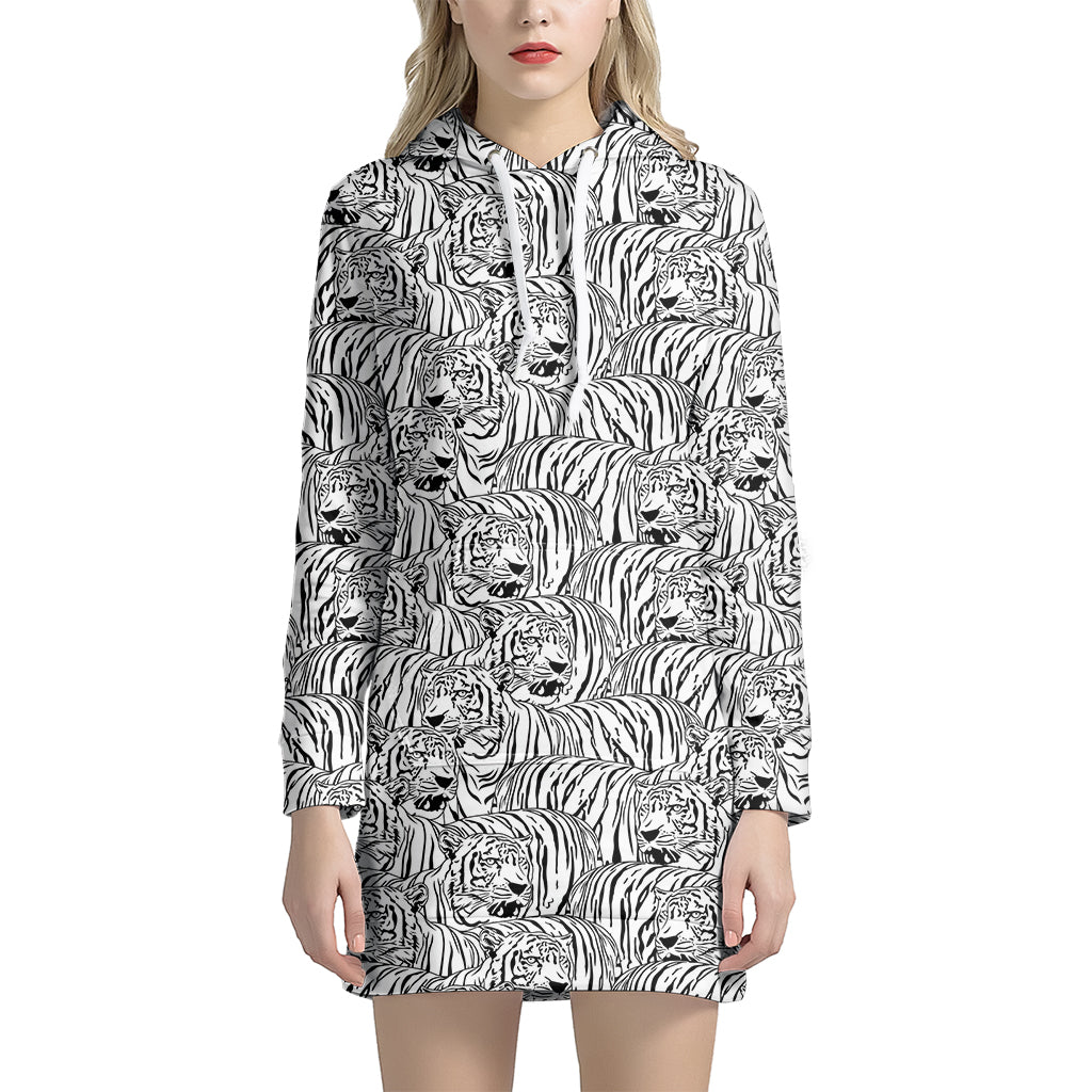 Black And White Tiger Pattern Print Women’S Pullover Hoodie Dress