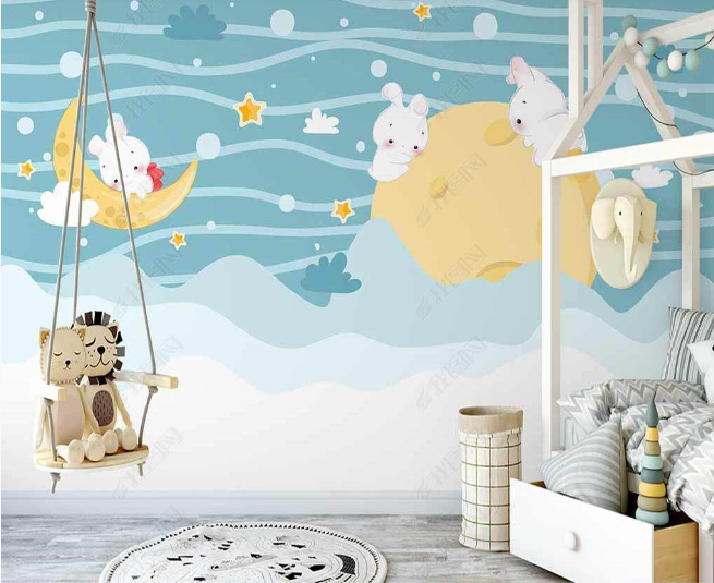 3D Cartoon Sea Moon Rabbit Wall Mural Wallpaper Lqh 21