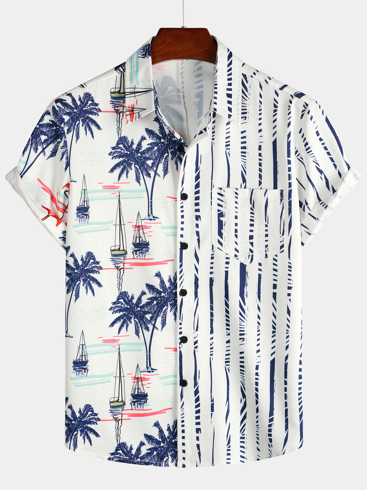 Sailboat Palm Tree Print Top Blue Striped Beach Short Sleeve Button Up Hawaii Shirt Ha39110