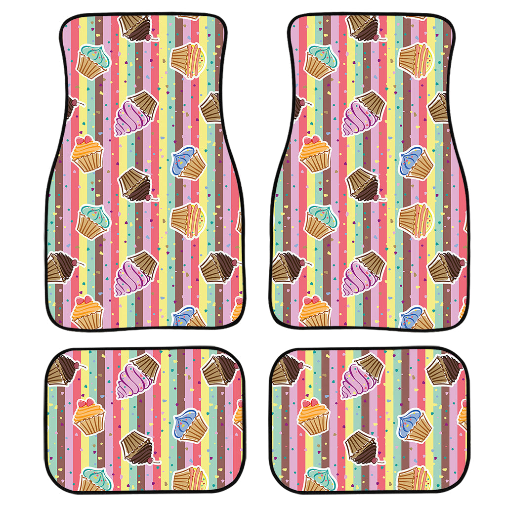 Pastel Striped Cupcake Pattern Print Front And Back Car Floor Mats, Front Car Mat