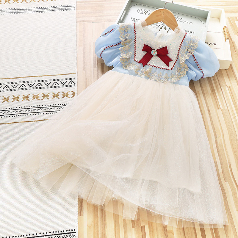 2022 Fashion Summer Costume with Short-sleeved Bow Princess Snow White Dress For Children Party Birthday Fluffy Dress alx