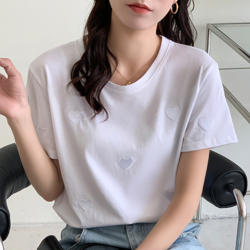 TuangBiang Summer 2022 Embroidery Love Women Cotton Blue T-Shirt Korean Casual O-Neck Short Sleeve Soft Tshirt Purple Female Top alx