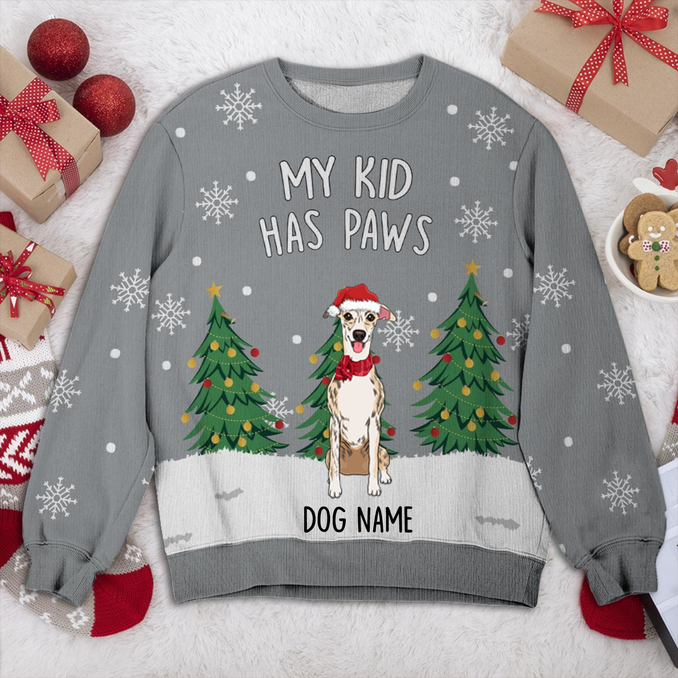 Whippet My Kid Has Paws Personalized Sweater, Dog Ugly Christmas Sweater