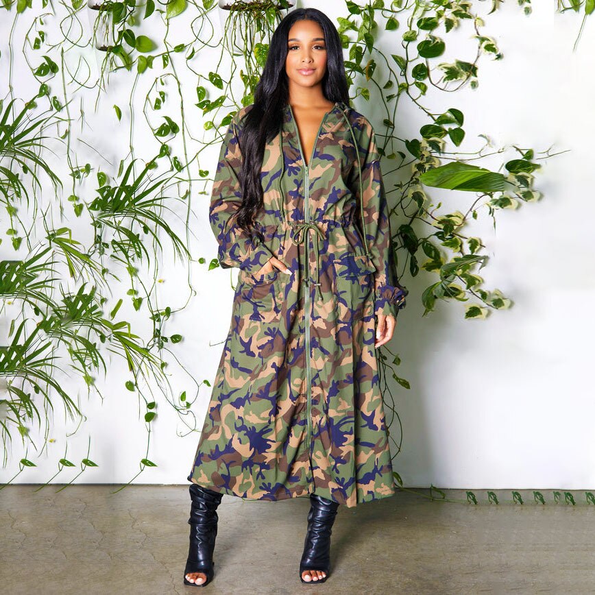 2022 Autumn Women Dresses Casual Camouflage Hooded Zipper Long Dresses Full Sleeve Loose Fashion Women Long Dress alx