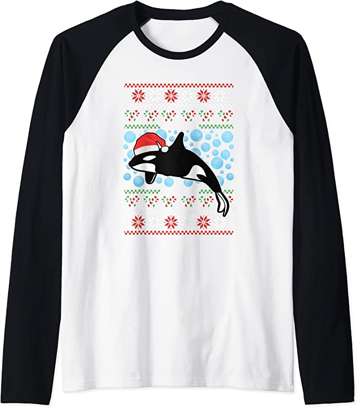 Xmas Awesome Orca Costume Ugly Christmas Xmas Raglan Baseball Tee