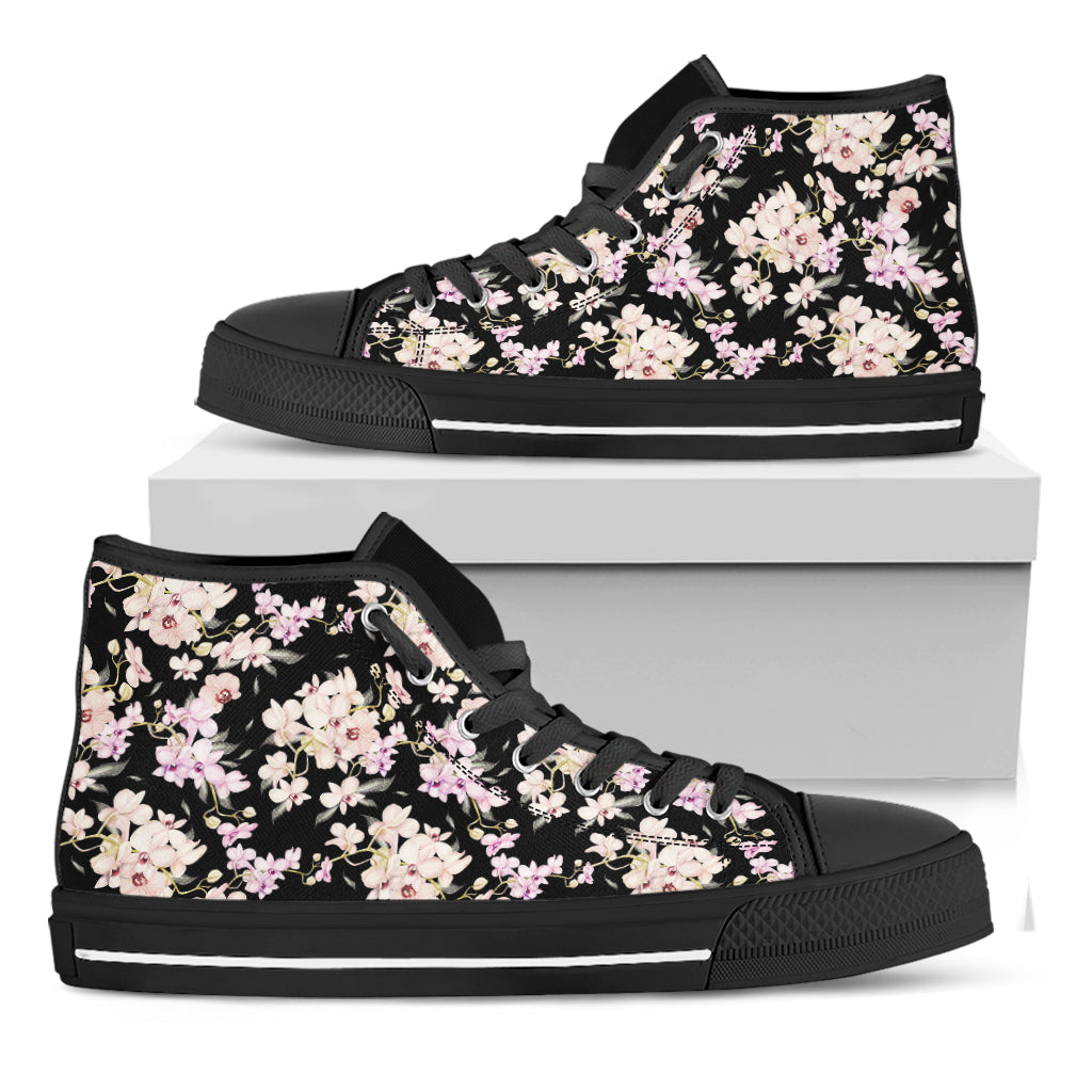 Watercolor Orchid Flower Pattern Print Black High Top Shoes