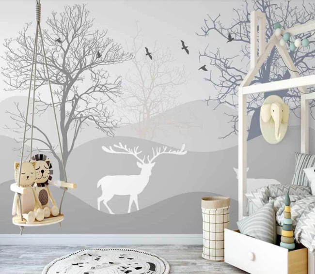 3D Hand Drawn Tree Plant Bird Buck Animal Wall Mural Wallpaper Lxl