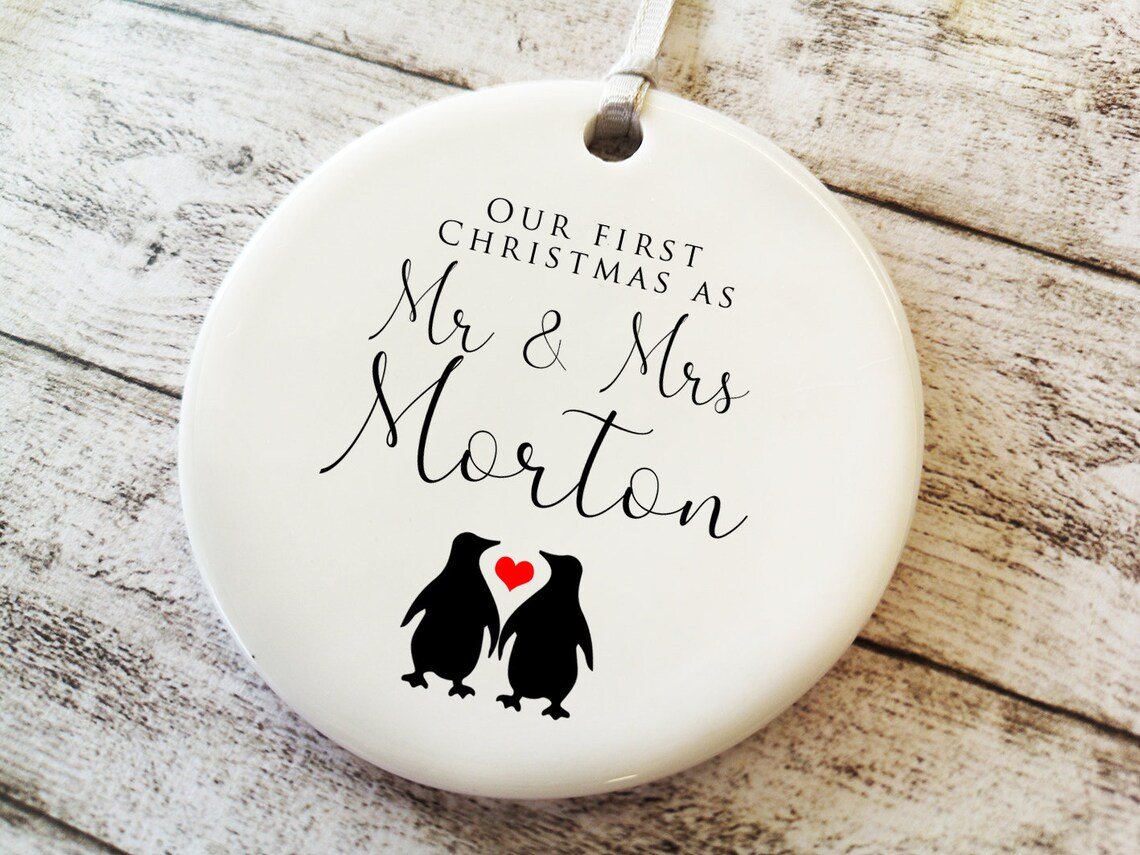 Personalised First Christmas As Mr & Mrs Christmas Tree Decoration Ornament With Penguins