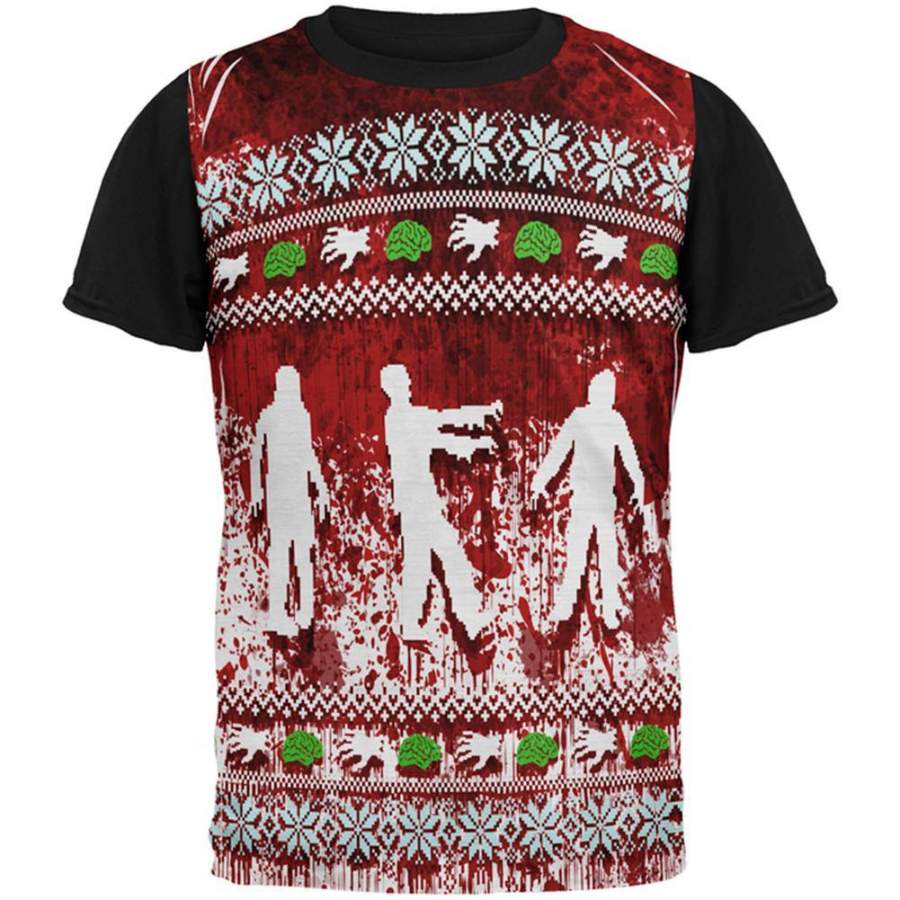 Ugly Christmas Sweater Bloody Zombie Attack Survivor All Over Mens Black Back T Shirt