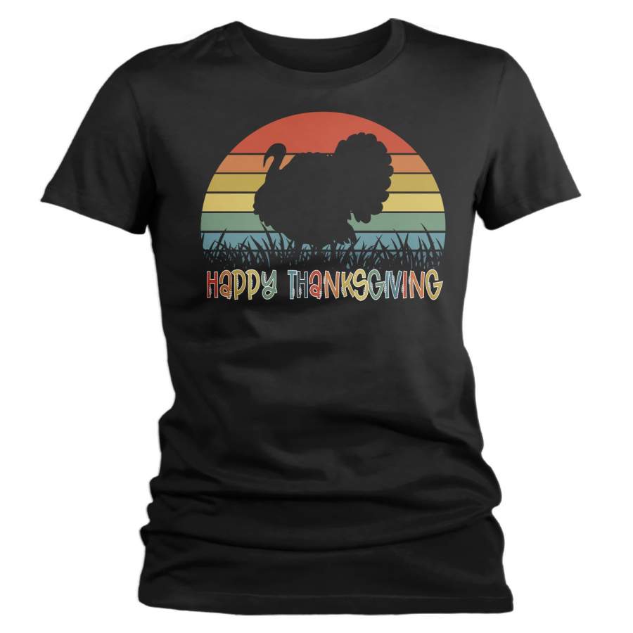 Women’s Happy Thanksgiving T Shirt Turkey Shirt Fun Turkey Day Tee Retro Sunset Tshirt Vintage Thanksgiving T-Shirt