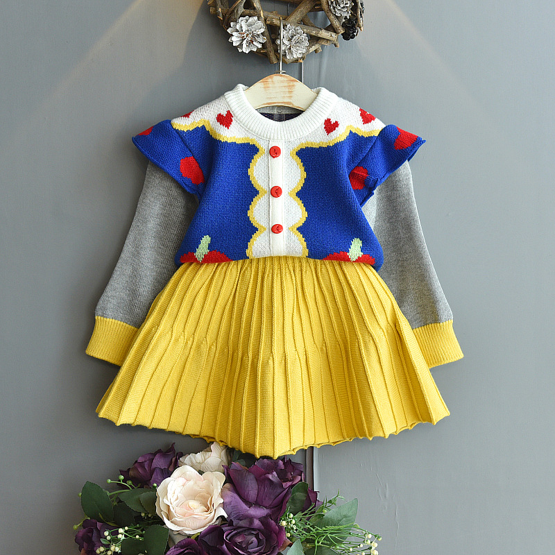 Autumn 2022 girls cartoon sweater set Snow White knit toddler sets children’s fashion sweaters pleated skirt two-piece clothes alx