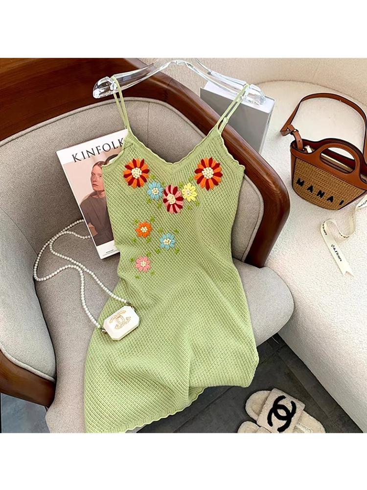 Women Fashion Mini Dress Summer 2022 Green Knit Flower Embroidery Slim Beach Party Spaghetti Strap Dress Sexy Backless Outfits alx