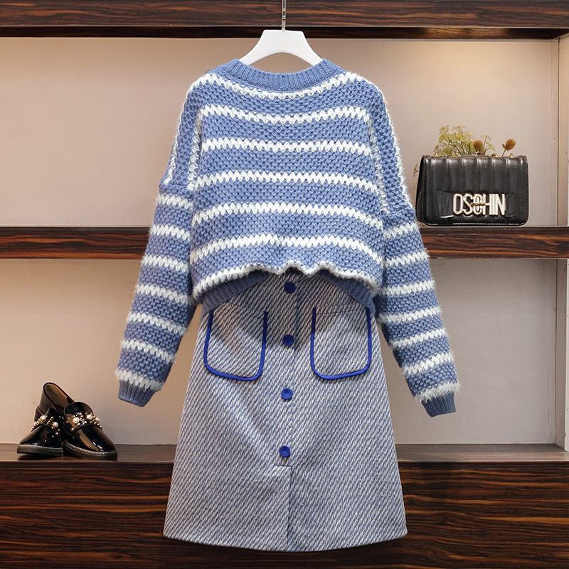 Blue Khaki Pullover Dress 2pcs Sets Women Plus Size Striped Sweater Top Front Pocket A-line Skirt Suit Autumn Winter Outfits alx