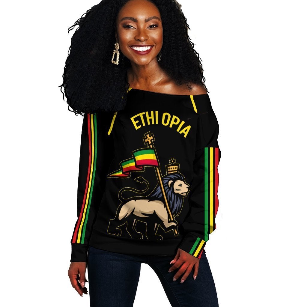 Wonder Print Shop Ethiopia Off Shoulder Sweater Flag Lion Black