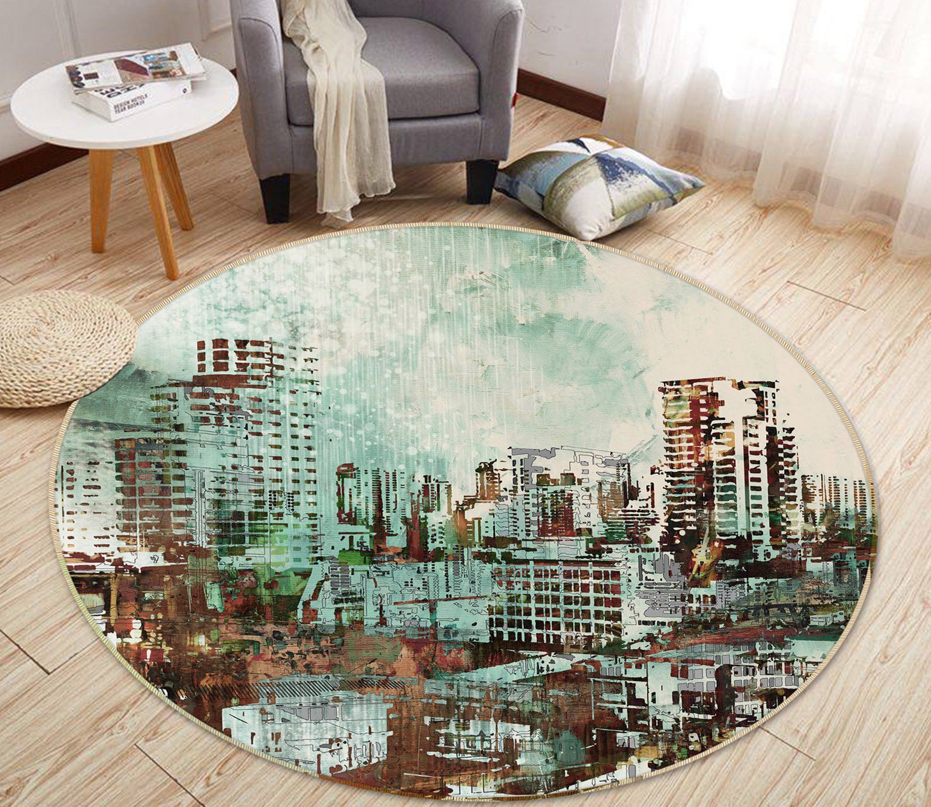 Vintage Green And Brown Building Round Rug Home Decor