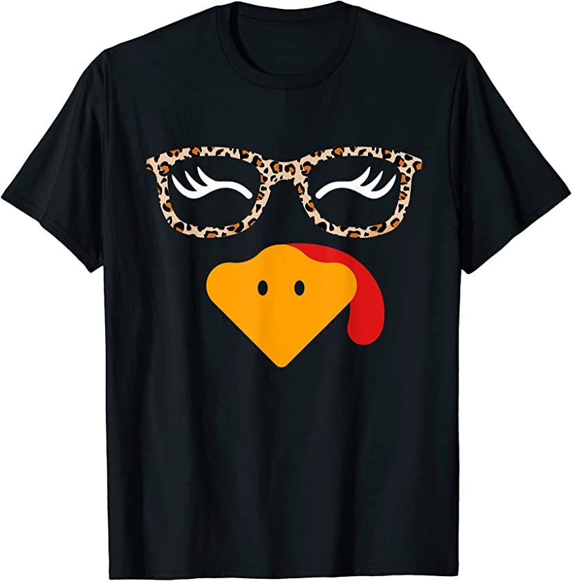 Turkey Face Eyelashe Leopard Glasses Thanksgiving Women Girl T-Shirt