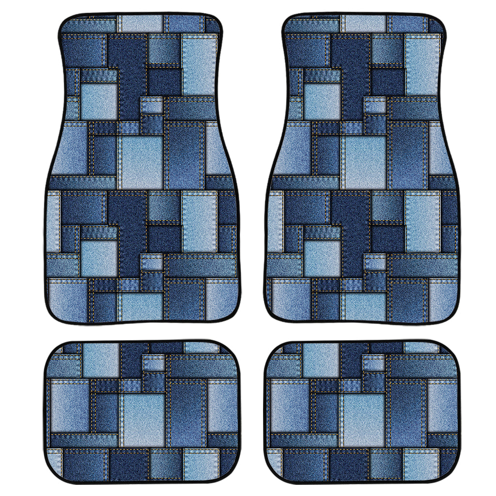 Blue Denim Patchwork Pattern Print Front And Back Car Floor Mats, Front Car Mat