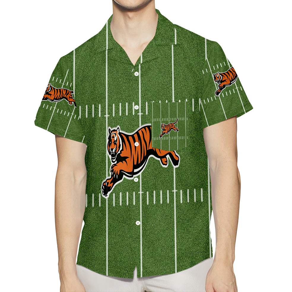 Cincinnati Bengals Tiger Running Field 3D All Over Print Summer Beach Hawaiian Shirt With Pocket