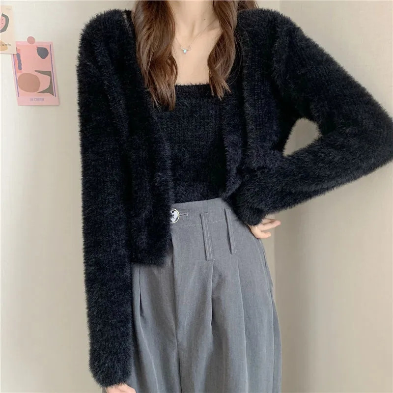 Women Korea Spring Long Sleeve Cropped Knitted Sweater and Vest Set Sueters De Mujer Vetement Femme 2022 alx