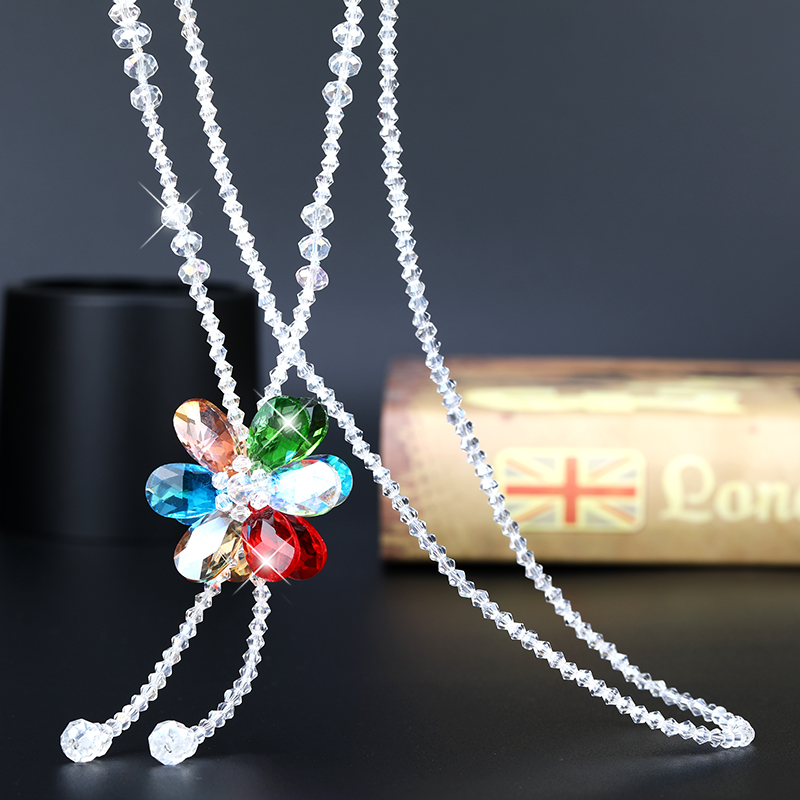 Boho Korean Fashion Flower Crystal Necklace Women Graceful Joker Tassel Long Sweater Chain Kpop Simple Lady Dinner Party Jewelry alx