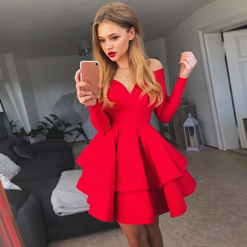 BKLD Autumn Clothes 2022 Solid Color Long Sleeve Sexy Clubwear V-Neck Off The Shoulder Evening Party Dress Red Dresses For Woman alx