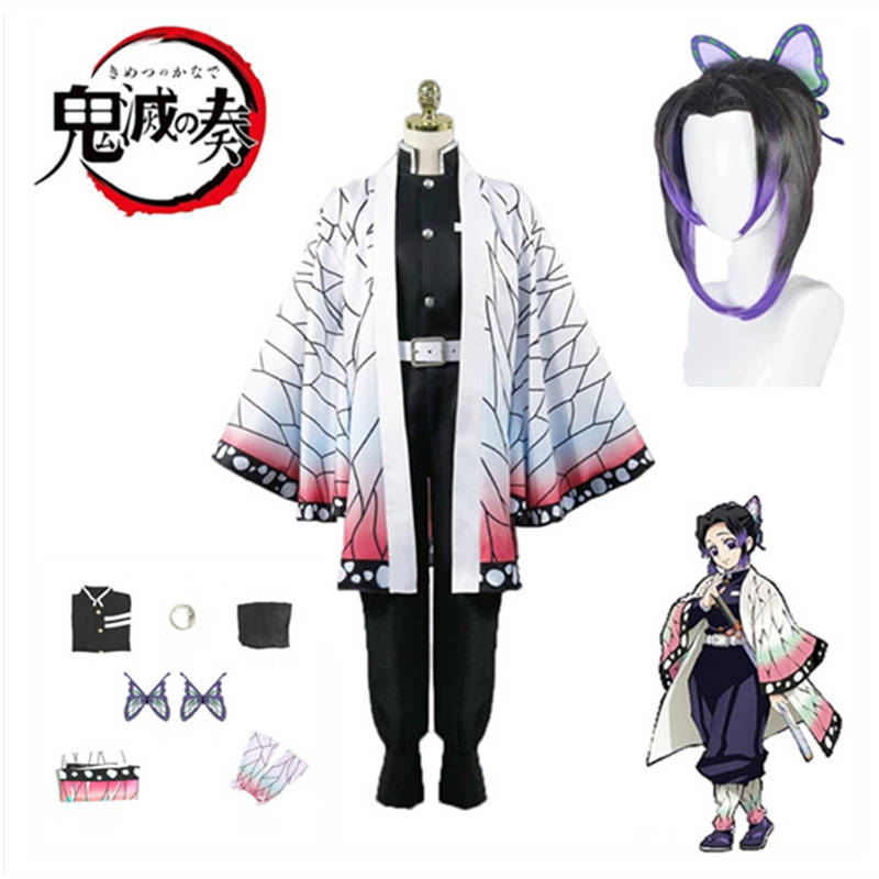 Anime Demon Slayer Kimetsu No Yaiba Kochou Shinobu Cosplay Costume Wig Set Kimono Uniform Halloween Anime Costumes for Adult Kid alx