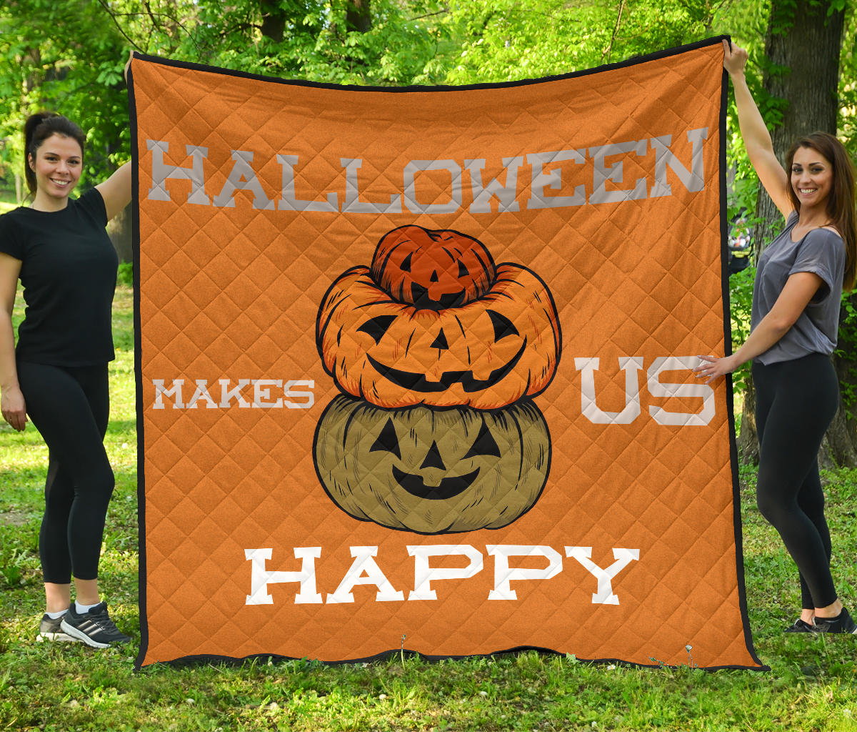 Halloween Premium Quilt | Halloween Make Us Happy Smile Pumpkin Block Orange Quilt Blanket