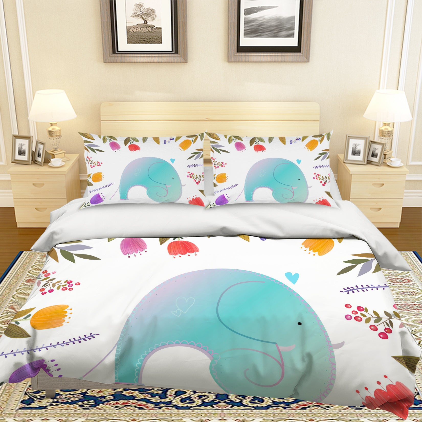 3D Cartoon Elephant Flower Quilt Cover Set Bedding Set Pillowcases 52